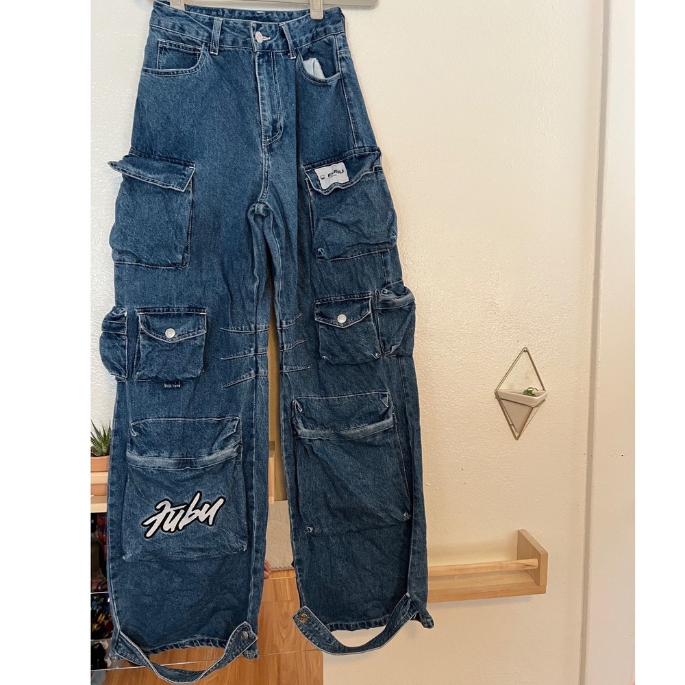 Forever‎ 21 x FUBU 05 Y2K Baggy Cargo Wide Leg Denim Jeans Multi Pocket Blue